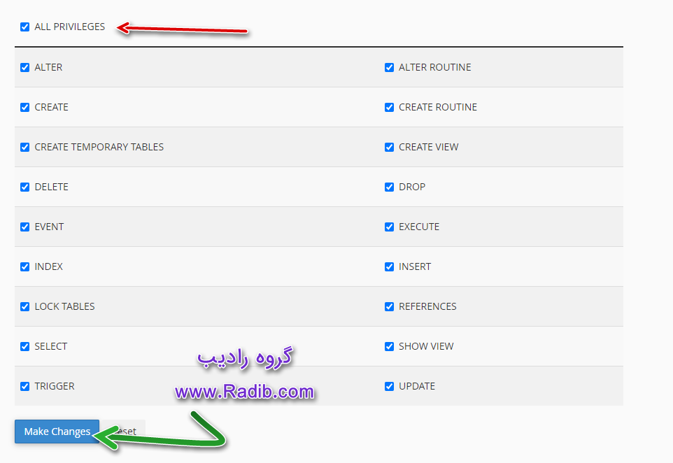 مجوزهای دیتابیس در cPanel